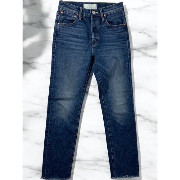 Mother Superior Distressed Embroidered Straight Leg Blue Denim Jeans Raw Hem 0 - Picture 2 of 12